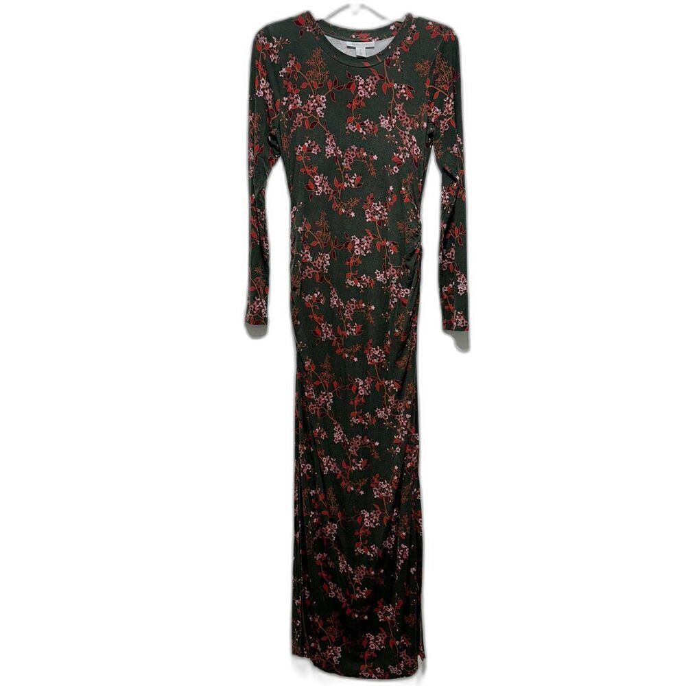 Motherhood Maternity Maxi Dress Green Red Floral Long Sleeve Stretch sz Medium